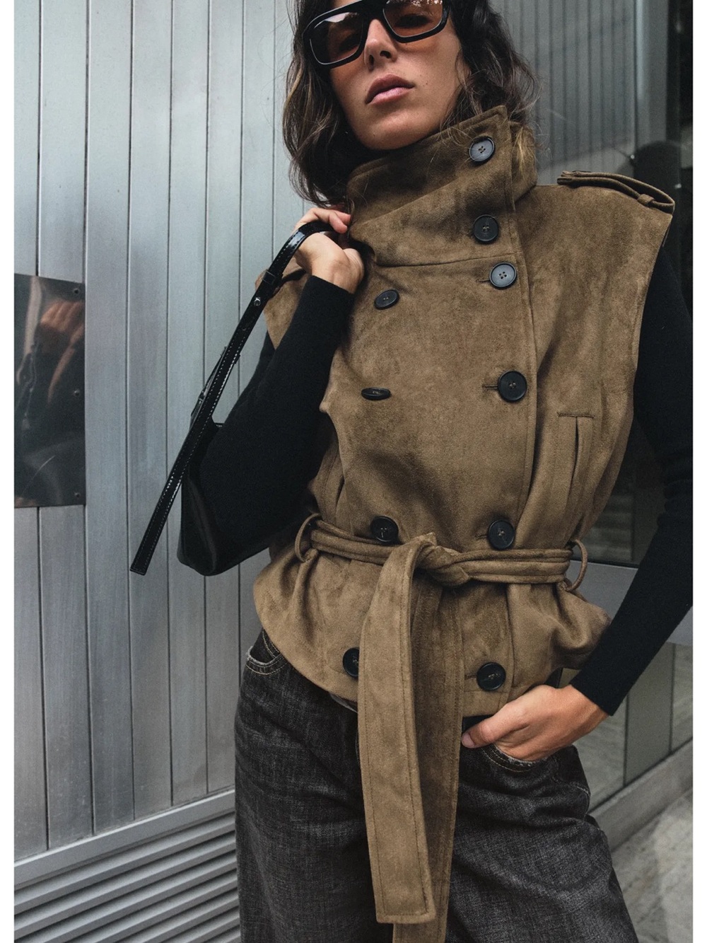 Zara Faux Suede Belted Vest in Brown & Black - Picture 3 of 4